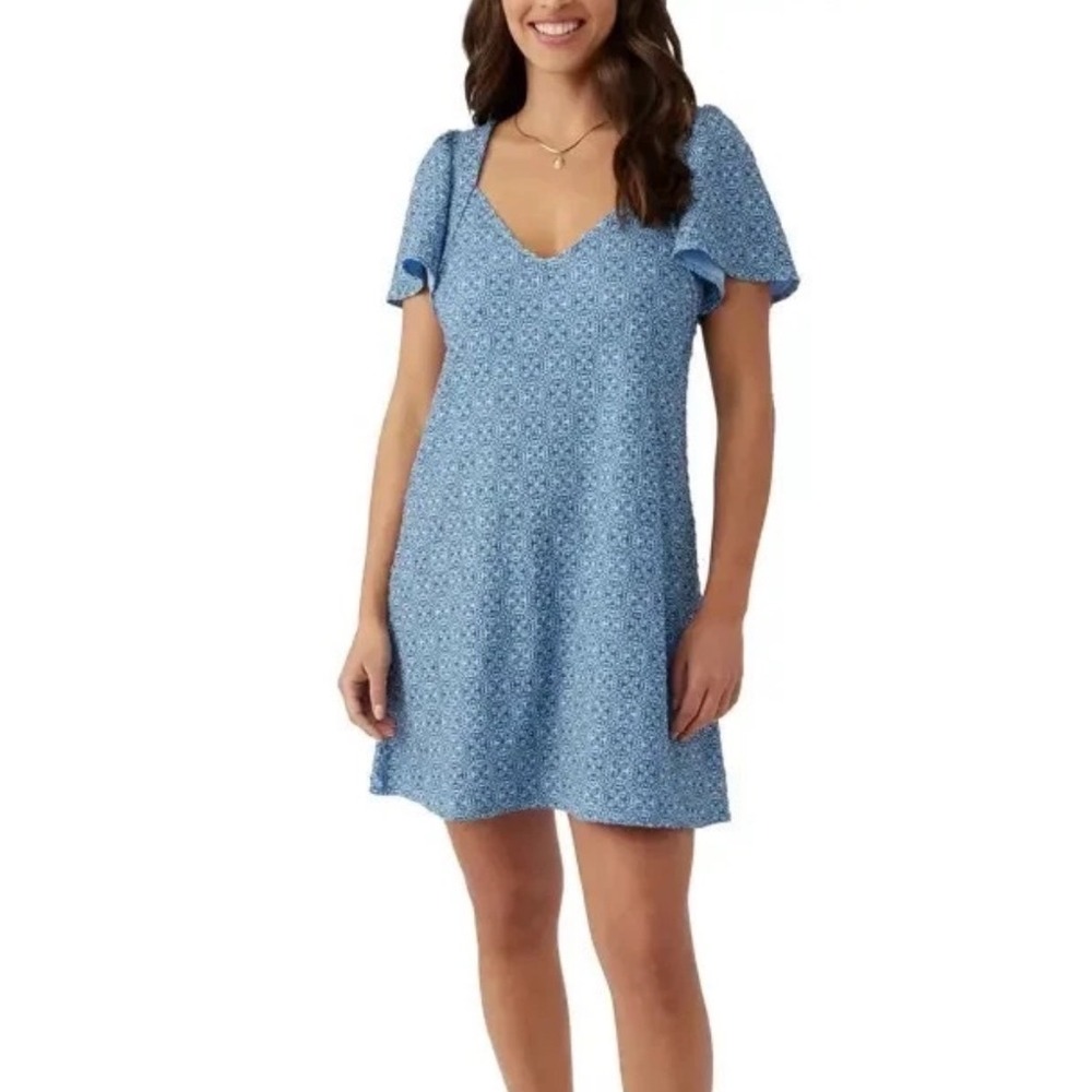 O'Neill Junior's Bernice Blue Geometric Smocked Flutter Sleeve Dress NWT M